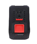 Back view of Heavy Duty 21V Cordless Angle Grinder battery pack with red power button and indicator lights.