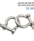 Straight Up Heavy Duty Stainless Steel Clevis Shackle Kit, Rock Solid Bow Rigging Hardware In M10 And M12 Sizes, Built Tough Marine Grade Bolts That Gonna Make Your Rig Look Badass And Stay Secure, 5 Piece Lot, two stainless steel shackles side view.