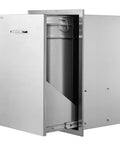 Outdoor Kitchen Trash Drawer System With Heavy Duty Stainless Steel Storage For Backyard BBQ Islands And Grills Pull Out Trash Bin Cabinet open view with stainless steel finish.