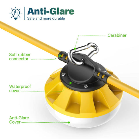 Construction Lights String 50Ft Temporary Work Light with 5 Integrated LED Bulbs showing carabiner and waterproof cover