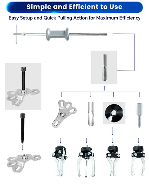 Slide Hammer Dent Puller Set 17 Piece With 5 Lb Hammer For Auto Body Repair Internal And External Gear Pullers Hub And Axle Bearing Removal Dent Removal Kit For Trucks And Cars tools and components displayed.