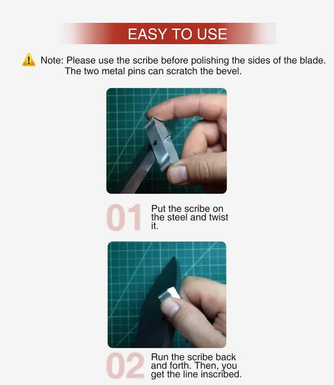 Front view of Sixcow aluminum self-centering doweling jig and scribe tool with step-by-step usage screenshots