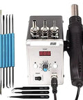 Hot Air Soldering Gun 858D 700W with adjustable airflow and temperature, LCD display, quick warm up, SMD rework and welding repair.