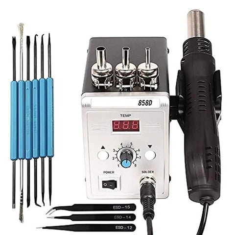 Hot Air Soldering Gun 858D 700W with adjustable airflow and temperature, LCD display, quick warm up, SMD rework and welding repair.