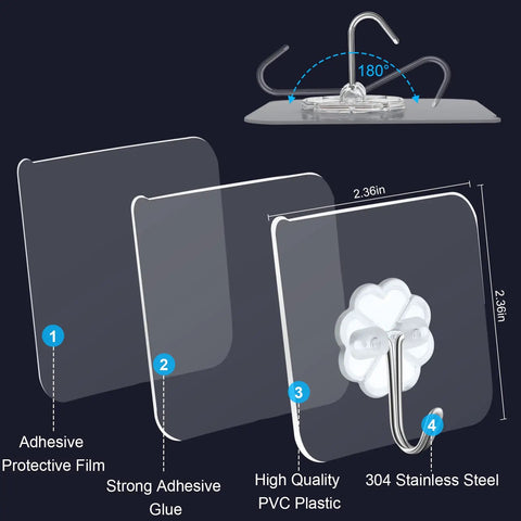 36 Pack Heavy Duty Adhesive Wall Hooks That Hold Up To 22 Lbs Waterproof Removable No Nails Hangers For Doors Keys Bathrooms Kitchens Living Rooms Dorm Decor, showing layers and materials of hook system