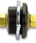 Black thru-panel connector with brass threaded fittings on both ends