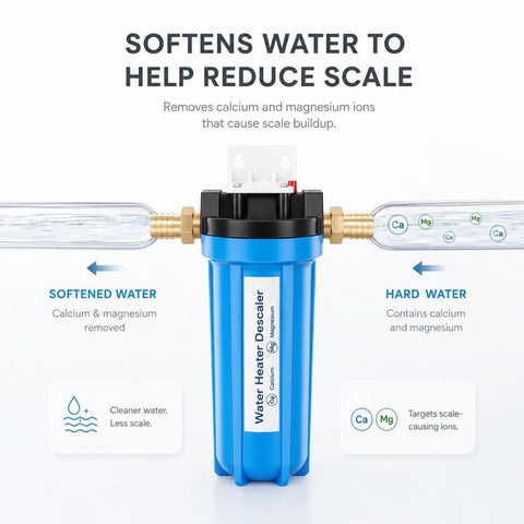 Real Deal Inline Water Softener For Every Residential Heater Kick Stubborn Calcium Crust To The Curb While Keeping Your Plumbing Smooth With NSF Certified Resin Guard, blue water softener descaler removes calcium.