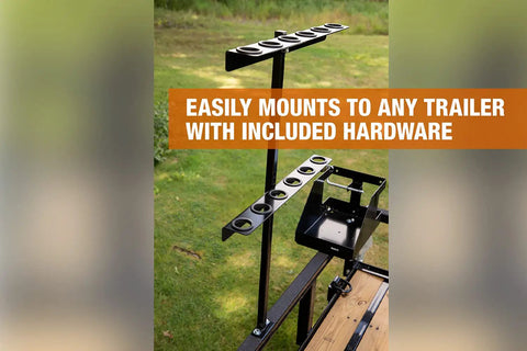 Vertical Hand Tool Rack For Open Trailers Holds Up To Six Straight Handle Tools Like Shovels Rakes And Hoes mounted on trailer