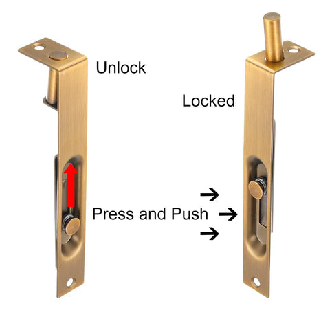 Six Inch Flush Bolt For Wood And Composite Doors With Brass Tone Finish. Bulletproof Stainless Steel Concealed Slide Latch. Zero Hassle Push Button Operation And Built To Handle Daily Grind. Top Notch Hardware For Double Doors And Busy Homes.