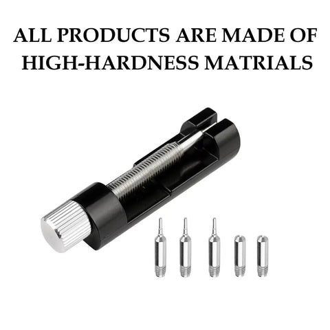 Watch Band Link Removal Kit With Pin Remover And Double Ended Punches, shown with spare needles and high-hardness materials label