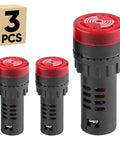 Three Pack 22mm 12V Buzzer With Red LED Indicator Light Panel Mount For Switches And Electrical Control Panels Loud Beep Alarm Signal Intermittent Sound Industrial Grade Easy Install shown in packaging and close-up view