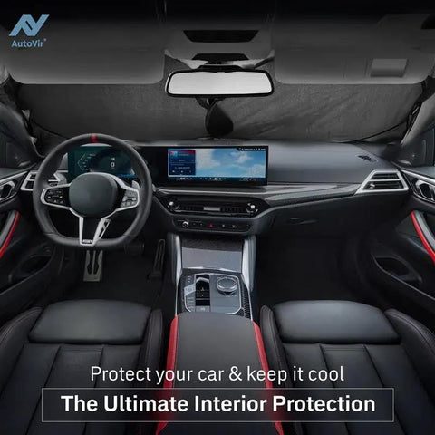 Interior view of a car with Heavy Duty Foldable Windshield Sun Shade Deflects Blazing Summer Heat And Keeps Your Ride Cool While Blocking Uv Rays So You Stay Comfy On Long Highway Drives Without Breaking A Sweat.