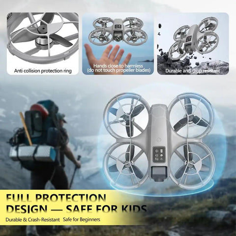 Beginner Friendly Kids Drone With Camera And Remote, Brushless Motor, Safe Spiral Guard, and FPV Video, Gray in outdoor setting