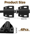 4 Pack Magnetic Push To Open Door Latches for cabinets and drawers, dimensions highlighted, black ABS and iron construction.