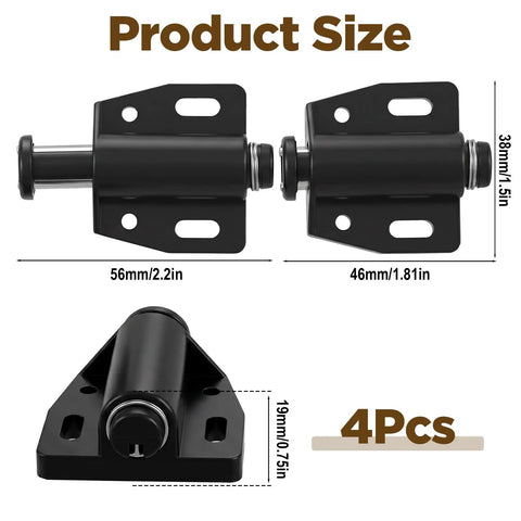 4 Pack Magnetic Push To Open Door Latches for cabinets and drawers, dimensions highlighted, black ABS and iron construction.