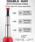 Diagram showing 3 Ton Double Ram Bottle Jack With Extended Lift Range From 6.5 To 16.5 Inches, highlighting 3-stage lift mechanism.