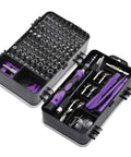Massive 135 In 1 Screwdriver Set With Precision Torx Bits And Magnetic Insulated Handles For Hacking Into Phones Tablets And PCs Plus Solid Chrome-Vanadium Steel Hands Tools Kit, open case with purple handle