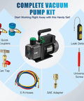 PB Motor TECH vacuum pump kit with 4.5 CFM, 1/3 HP and 3-way AC manifold gauge set with hoses and adapters
