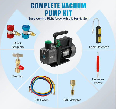PB Motor TECH vacuum pump kit with 4.5 CFM, 1/3 HP and 3-way AC manifold gauge set with hoses and adapters
