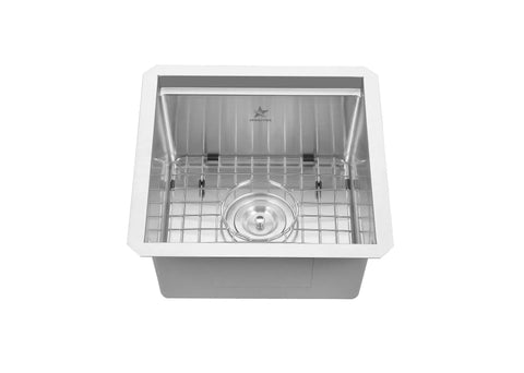 Top view of Workstation Ledge Undermount Single Bowl 304 Stainless Steel Kitchen Sink With Grid Cutting Board Strainer And Clips 15 By 15 Inches Modern Sleek Design Includes Paper Cutout And Easy Install Kit showing deep bowl and grid.