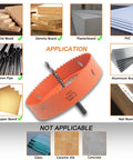 Image showing materials compatible with the Six And A Quarter Inch Hole Saw Kit With Dust Bowl For Recessed Can Lights Bi Metal Construction Includes Arbor Hex Key.