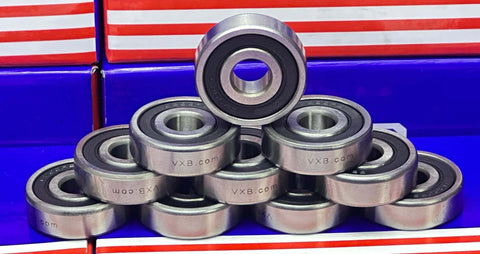 10-Pack 6200-2RS Ball Bearing - Premium - Sealed, chrome steel bearings stacked with rubber seals visible