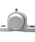 Front view of MUCPPL205CEW Single 25mm Stainless Steel Set-Screw Pillow Block Bearing with white polymer housing and bolt holes.