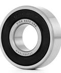Close-up of a single 6203-2RS double sealed deep groove ball bearing, 17x40x12mm, from a 10 pack, showing the chrome steel P6 material.
