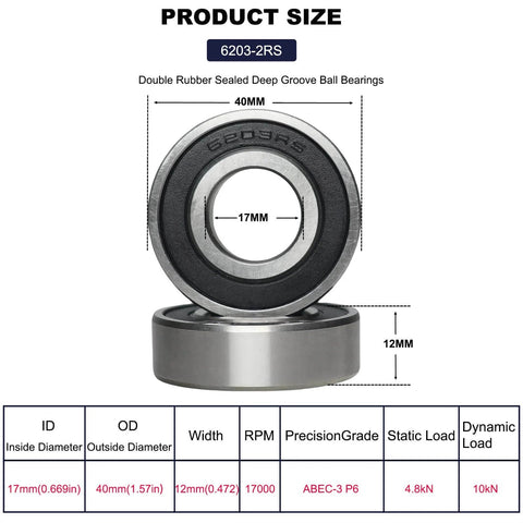 Diagram of 10 Pcs 6203-2RS Double Rubber Seal Deep Groove Ball Bearings 17x40x12mm with detailed size and performance specifications.