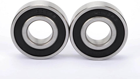 Two 6203-2RS sealed bearings with double seal, 1-9/16 inch outer diameter, 21/32 inch inner diameter, on white background.