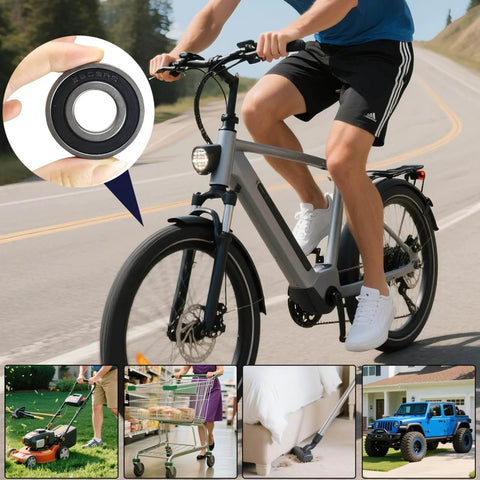 10 Pcs 6203-2RS Double Rubber Seal Deep Groove Ball Bearings used in bike wheels, lawnmowers, shopping carts, and more.