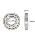 2 Pack 6203Z Deep Groove Ball Bearings 17x40x12mm Chrome Steel Shielded and Pre Lubricated, front and side view