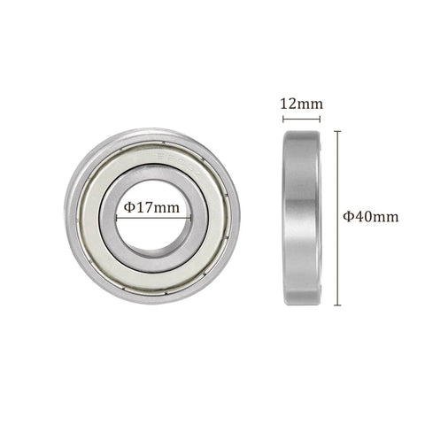 2 Pack 6203Z Deep Groove Ball Bearings 17x40x12mm Chrome Steel Shielded and Pre Lubricated, front and side view