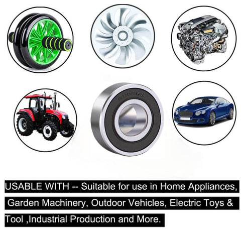 Two Pack 6204-2RS Lawn Mower Spindle Ball Bearing Set with compatible machinery like tractors and cars in background