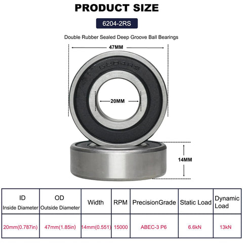 6204 2RS Deep Groove Ball Bearing with pre lubricated design and double rubber seals, dimensions 20x47x14mm, shown with detailed specs.