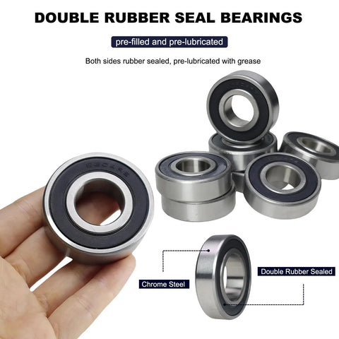 6204 2RS Deep Groove Ball Bearing with pre lubricated design and double rubber seals shown in hand and stacked configuration.