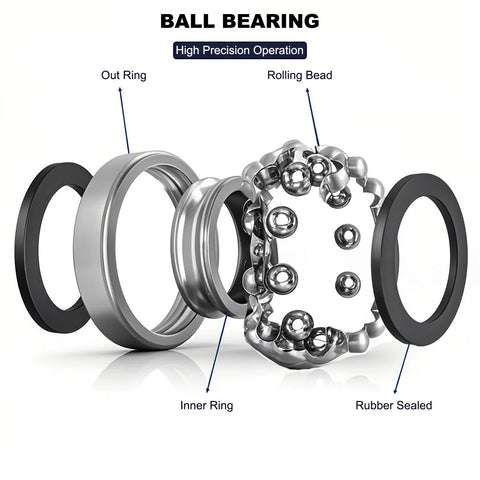Illustration of 6204 2RS Deep Groove Ball Bearing with pre lubricated design and double rubber seals, showcasing parts and assembly.