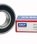 2 Pack 6205-2RSH Deep Groove Ball Bearings next to SKF box, 25x52x15mm, double sealed