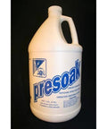 Front view of Sam brand utensil presoak and detarnisher jug, 1 gal, white plastic with blue Presoak label