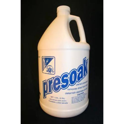 Front view of Sam brand utensil presoak and detarnisher jug, 1 gal, white plastic with blue Presoak label