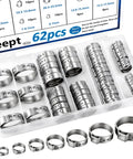 62 Piece 7 Size 304 Stainless Steel Single Ear Hose Clamps Crimp Hose Clamp Assortment Kit 6 To 23 Point 5 Millimeter Ideal For Automotive Home Appliance Water Pipe And Fuel Line Durable Corrosion Resistant Design For Long Lasting Performance In Auto And