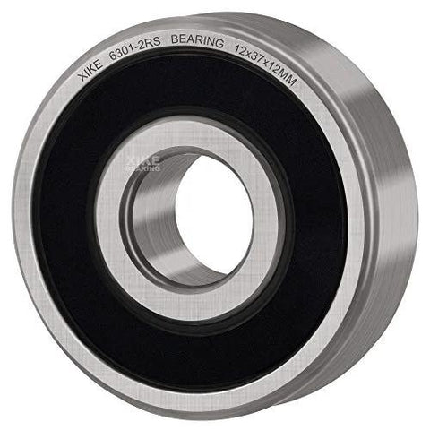 6301 2RS Pre-Lubricated Deep Groove Ball Bearing with double rubber seals, chrome steel, size 12x37x12mm, front view showing precise construction