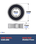 Front and side view of 10 Pcs 6305-2RS Double Rubber Seal Bearings 25x62x17mm, pre-lubricated, deep groove ball bearings.