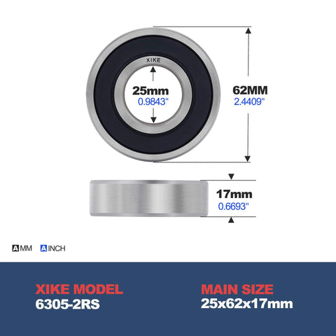 Front and side view of 10 Pcs 6305-2RS Double Rubber Seal Bearings 25x62x17mm, pre-lubricated, deep groove ball bearings.