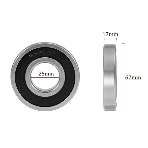 Deep Groove Ball Bearing 6305RS 25x62x17mm Carbon Steel Double Sealed; front and side view with dimensions