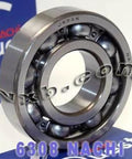 6308 Nachi Bearing Open C3 Japan 40x90x23mm displayed with silver balls and blue packaging.