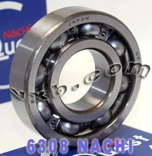 6308 Nachi Bearing Open C3 Japan 40x90x23mm displayed with silver balls and blue packaging.
