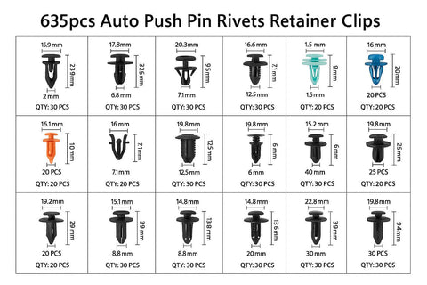 635-Pack Auto Rivet Retainer Clip Assortment - 16 Sizes For Bumper, Fender, Panels - Buy Bearings online - Fast US Shipping