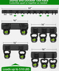 64 Inch Garage Wall Tool Organizer With Heavy Duty Rails And 10 Hooks, supports up to 510 lbs, showing dimensions and load capacity of each hook.