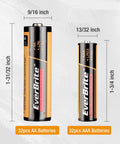Bulk 64 Pack AA and AAA Alkaline Batteries for Home Office and Emergency Kits, showing size of AA and AAA batteries labeled EverBrite.